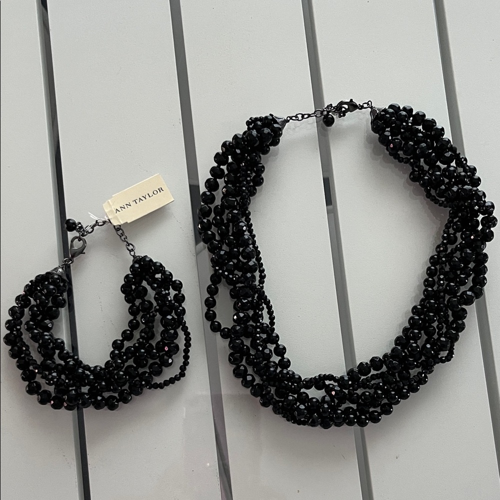 Ann Taylor Elegant Black Beaded Necklace/Bracelet set. NWT